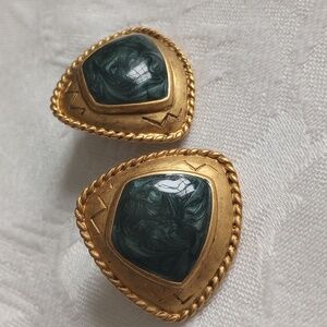 Vintage Green Swirl Enamel Tribal Rope Gold Tone Post Earrings